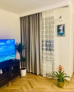 a living room with a flat screen tv and plants at Apartament Prestige Pruszków in Pruszków