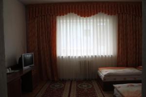 ein Schlafzimmer mit Fenster mit Fernseher und Bett in der Unterkunft Green Hotel in Almaty + 16 Fotos