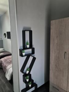 une chambre dotée d'une étagère avec des plantes en pot dans l'établissement B&B Villa Hermes, à Sarno