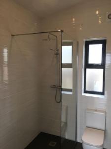 a bathroom with a shower with a toilet and a window at Silver Strand Chalets in Glencolumbkille