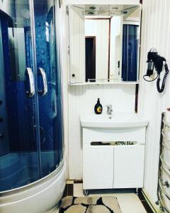 a bathroom with a white sink and a shower at У Віти котедж 1 in Synevyrsʼka Polyana