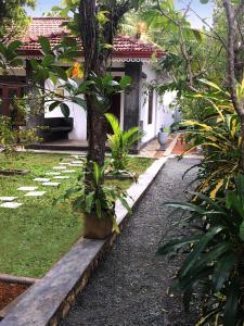 a garden with a tree and a house at Triple Edge Villa in Unawatuna