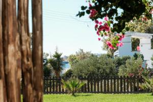 a fence in front of a house with flowers at Golden Beach Studios & Suites in Tinos