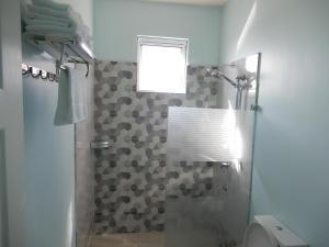 a bathroom with a shower with a glass shower stall at Oistins Bayview Apartments in Christ Church