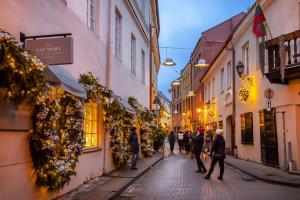 a group of people walking down a street at night at Luxury 2BDR Heart Of Old Town in Vilnius
