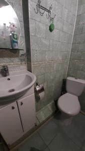 a bathroom with a white toilet and a sink at Затишок в Карпатах in Skole +19 photos