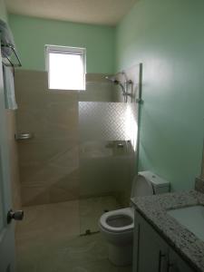 a bathroom with a shower with a toilet and a window at Oistins Bayview Apartments in Christ Church