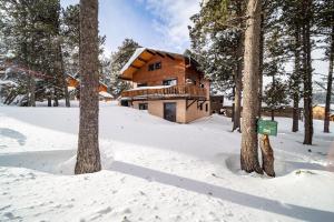 a wooden house in the snow next to trees at Chalet des Ecureuils - 3 étoiles au pied des pistes in Les Angles