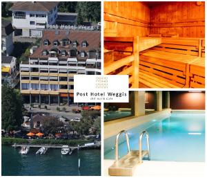 kolaż zdjęć hotelu i basenu w obiekcie Post Hotel Weggis w mieście Weggis