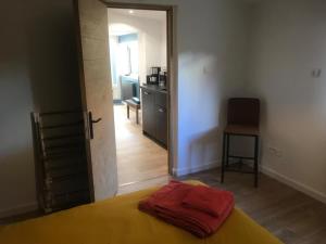 Zimmer mit einem Bett und einem Stuhl sowie einer Küche in der Unterkunft La Janvraie in Nantes