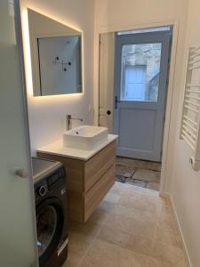 a bathroom with a sink and a washing machine at Les Tiercelines in Dole