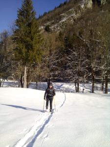 ユジーヌにあるChez Laurette et Louisの雪の中でクロスカントリースキーをしている人