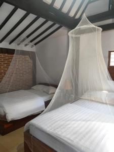 two beds in a room with mosquito nets at jala sutra cottages in Giri