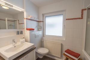 a bathroom with a sink and a toilet and a window at Ferienwohnungen Alpentraum - Alpentraum in Obermaiselstein +9 photos