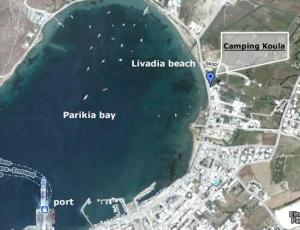 a map of the beach and the bay at Camping Koula in Parikia