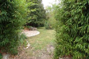 un jardin avec un chemin entre deux arbres dans l'établissement chambres d'hotes Chez Maggie, à Saint-Martin-de-Gurçon