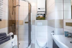 a bathroom with a shower and a toilet and a sink at Koletek st Apartment in Krakow