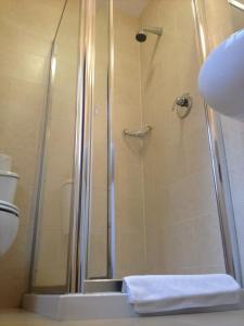 een douche in een badkamer met een wastafel en een toilet bij Dan Linehans Bar and B&B in Killarney