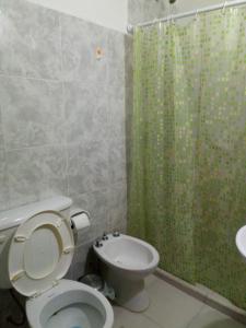 a bathroom with a toilet and a green shower curtain at Departamento Donovan III in Resistencia