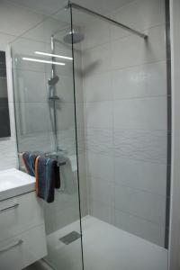 a shower with a glass door in a bathroom at Stylish Studio in only 50 meters from beach ! in Nice