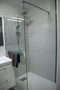 une douche avec une porte vitrée dans une salle de bain dans l'établissement Stylish Studio in only 50 meters from beach !, à Nice