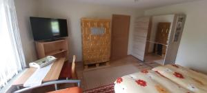Zimmer mit einem Bett, einem TV und einem Spiegel in der Unterkunft Ferienhaus Schöne-Lebbin - [#124493] in Groß Teetzleben