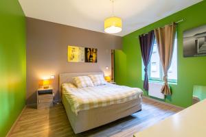 a green bedroom with a bed and a window at Appartement Domloc in Carcassonne