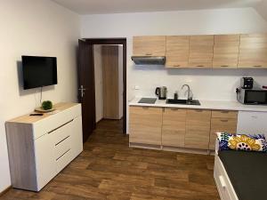 a kitchen with wooden cabinets and a television on a counter at Apartmány Klárka in Rokytnice nad Jizerou