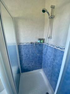 a bathroom with a shower with blue tile at Casa nuestro sueño in Viñuela