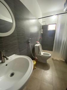 a bathroom with a sink and a toilet with a mirror at Menai Bay Beach Bungalows in Unguja Ukuu