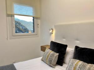 1 dormitorio con 1 cama con 2 almohadas y ventana en PROBER_ENCAMP, en Encamp