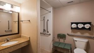 a bathroom with a toilet and a sink and a mirror at Best Western Plus Newark/Christiana Inn in Bear +15 photos