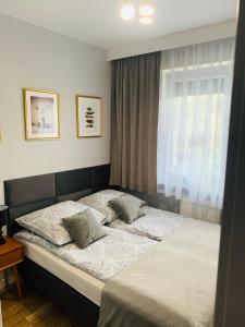 a large bed in a bedroom with a window at Apartament Stemar z dyżym baloknem in Gorzów Wielkopolski