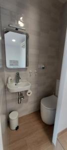 a bathroom with a sink and a toilet and a mirror at La Mongeta Màgica. in Castellón de la Plana