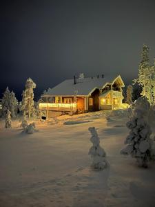 ein Haus im Schnee mit schneebedeckten Bäumen in der Unterkunft Villa Utsuntuisku in Levi