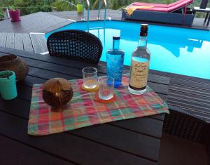 a bottle of wine and glasses on a table next to a pool at Chambre chez l'habitant avec piscine privative et vue panoramique sur la mer des caraïbes in Desmarinières