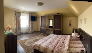 a bedroom with a large bed and a window at Pensiunea Novis in Novaci