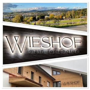 a collage of three pictures of a building with the welcome sign at Wieshof mein Ferienglück in Regen