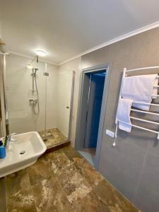 ein Bad mit einem Waschbecken und einer Dusche in der Unterkunft Sadyba Lisova in Ternopil