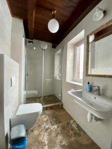 bagno con servizi igienici, lavandino e specchio di Sadyba Lisova a Ternopilʼ