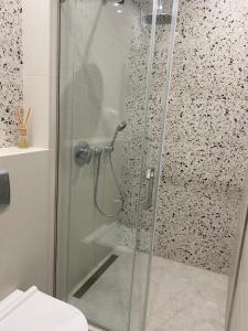 a shower with a glass door in a bathroom at Magic Days Apartments in Chernihiv