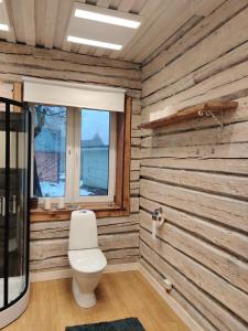 a bathroom with a toilet and a wooden wall at Ökopesa Külaliskorterid in Otepää