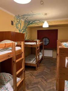 a room with three bunk beds and a tree mural at 50 People Bis Apartment in Kraków