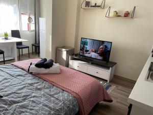 um quarto com uma cama e uma televisão de ecrã plano em Lovely one bedroom studio in Tirana em Tirana