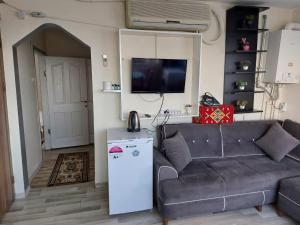 a living room with a couch and a television at Apart La Mia in Istanbul