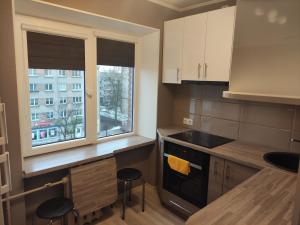 a kitchen with a stove and a sink and a window at VA Apartments in Rēzekne