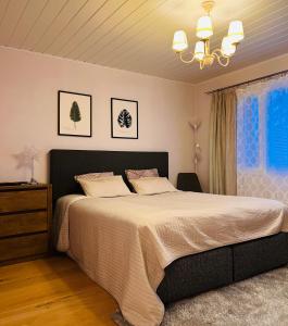 a bedroom with a large bed and a chandelier at Villa de pikku Maria in Hamina
