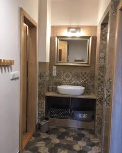 a bathroom with a sink and a mirror at Penzion Venkoff in Sázava