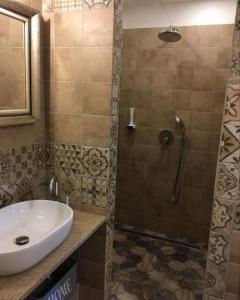 een badkamer met een wastafel en een douche bij Penzion Venkoff in Sázava