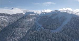an aerial view of a snow covered mountain at Garsoniera deosebita intr-o zona linistita Straja-Lupeni in Lupeni
